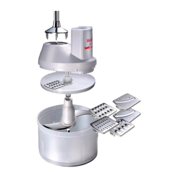 Набор насадок для блендера BAMIX SliceSy Light Grey: Емкость для измельчения с крышкой; Нож для измельчения; Терка 4 шт: крупная, средняя, мелкая, очень мелкая; Шинковка 2 шт: крупная, мелкая.